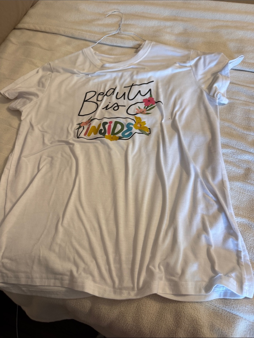 SHEIN White Tee with Colorful 'Beauty Is Inside' Graphic